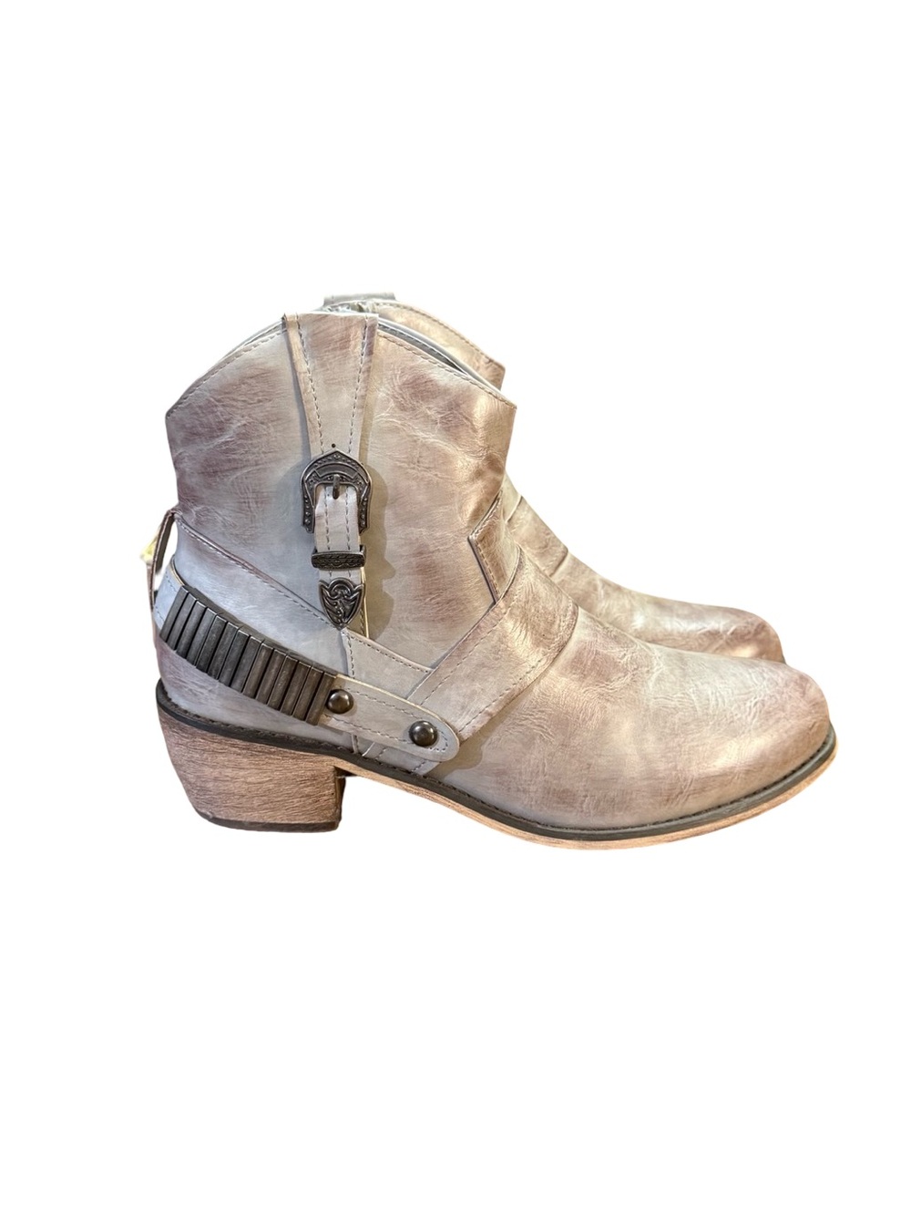 Vintage 93 Bentley Cowgirl Ankle Boots Taupe Metallic Hardware Women’s Size 8.5